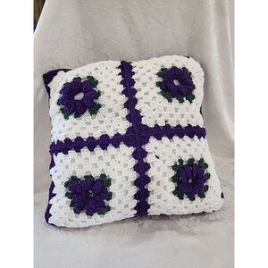 NEW, Hand Crochet Granny Square Throw Pillow Purple White 20"
